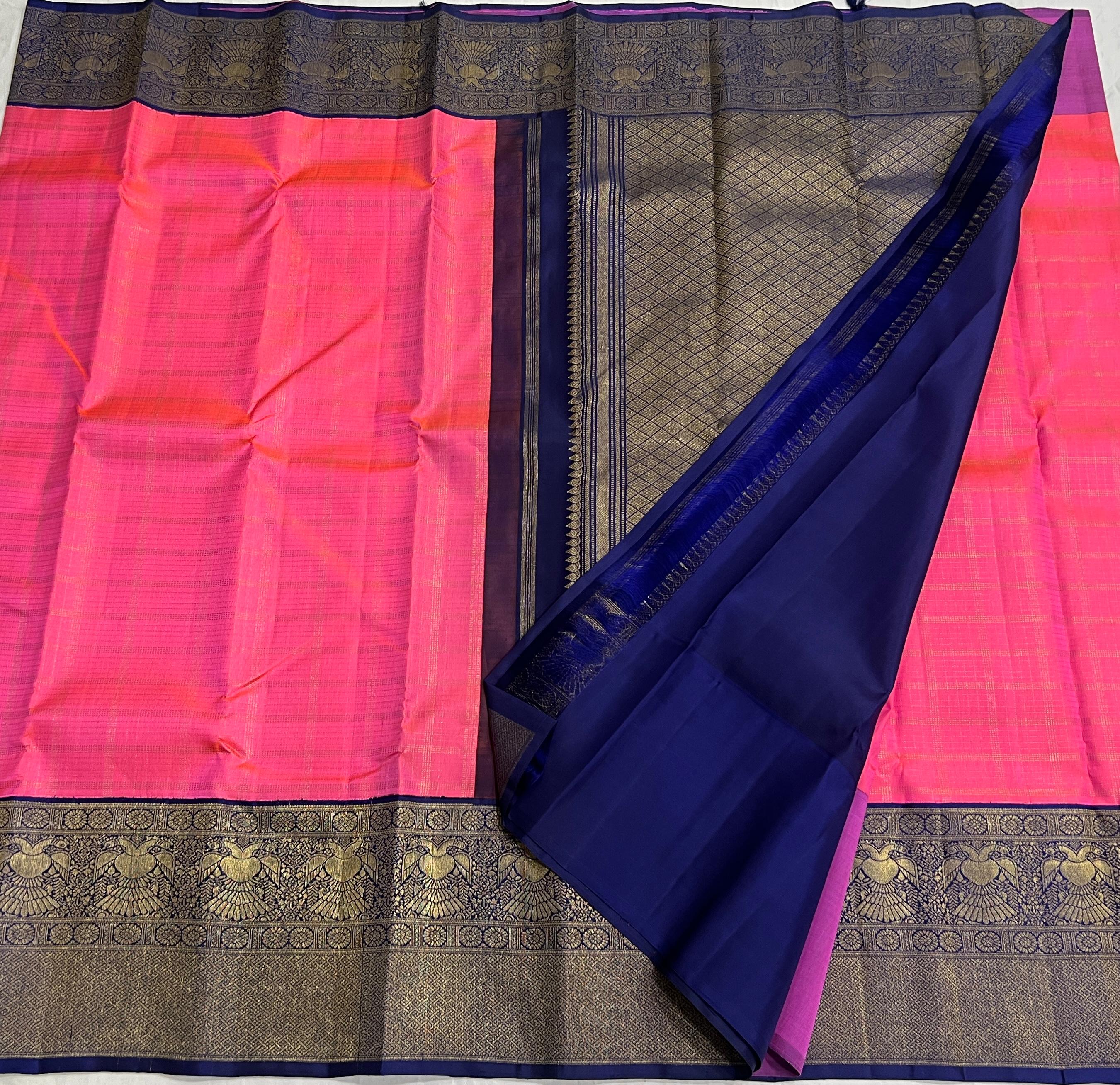 PINK/NAVY BLUE COMBITION PURE KANCHI SILK SAREE