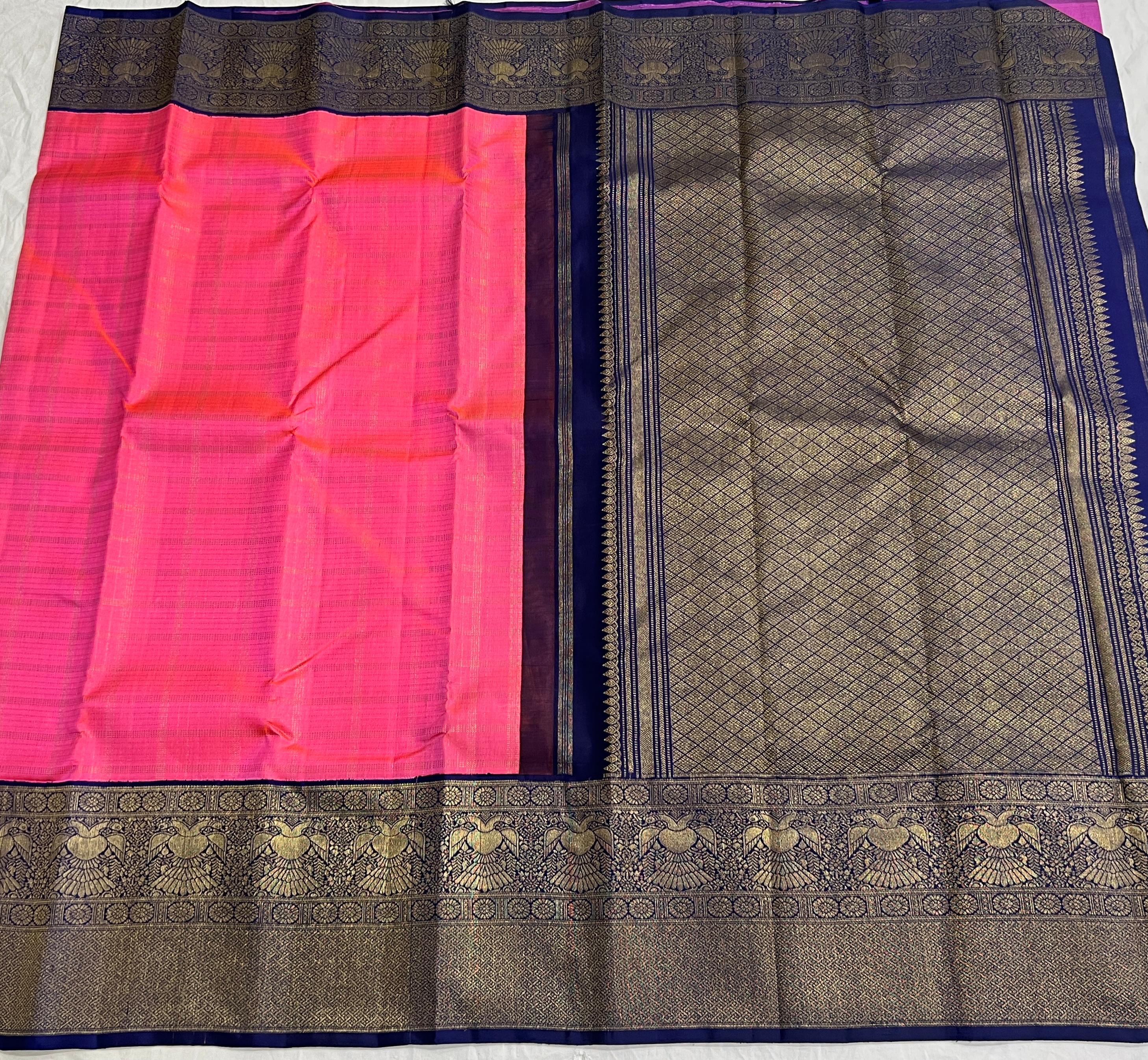 PINK/NAVY BLUE COMBITION PURE KANCHI SILK SAREE