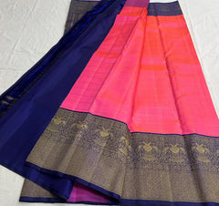 PINK/NAVY BLUE COMBITION PURE KANCHI SILK SAREE