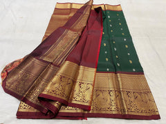 BOTTLE GREEN/MAROON COMBITION PURE KANCHI SILK SAREE