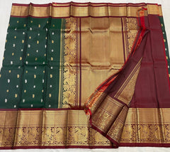 BOTTLE GREEN/MAROON COMBITION PURE KANCHI SILK SAREE