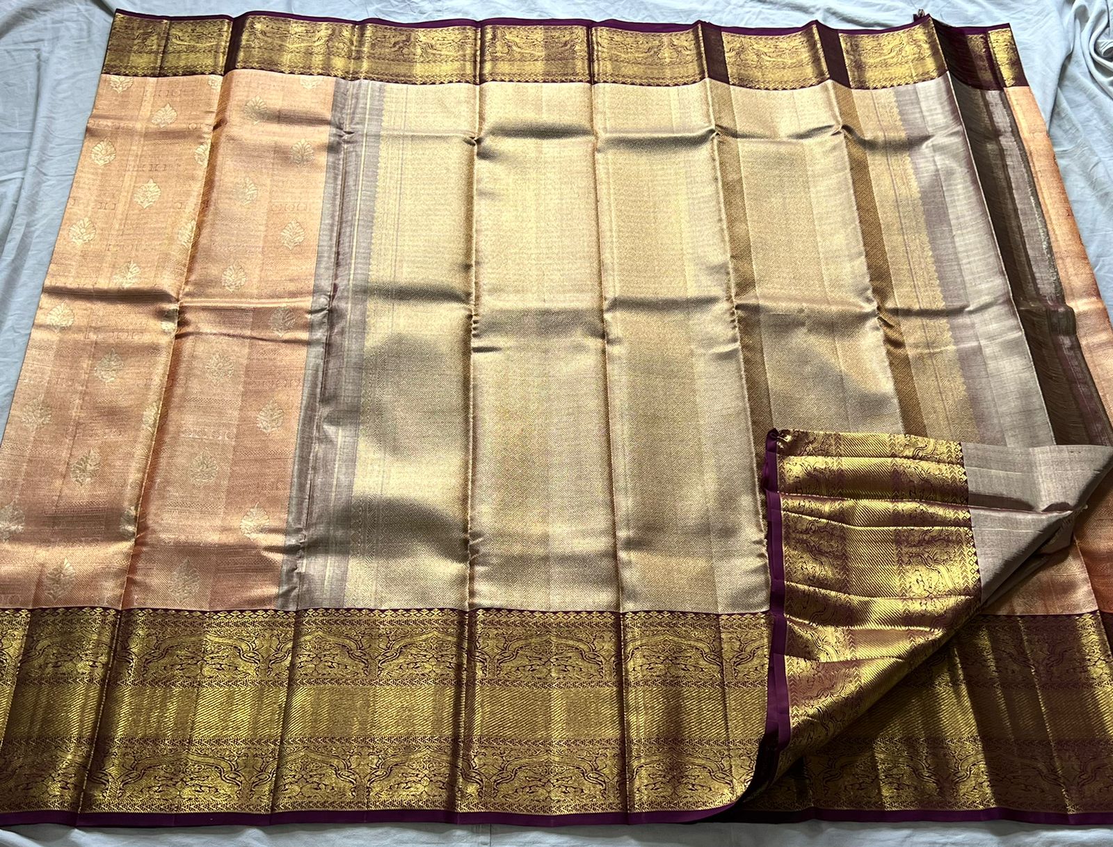 PEACH/MAROON  COLOUR COMBITION PURE KANCHI SILK SAREE