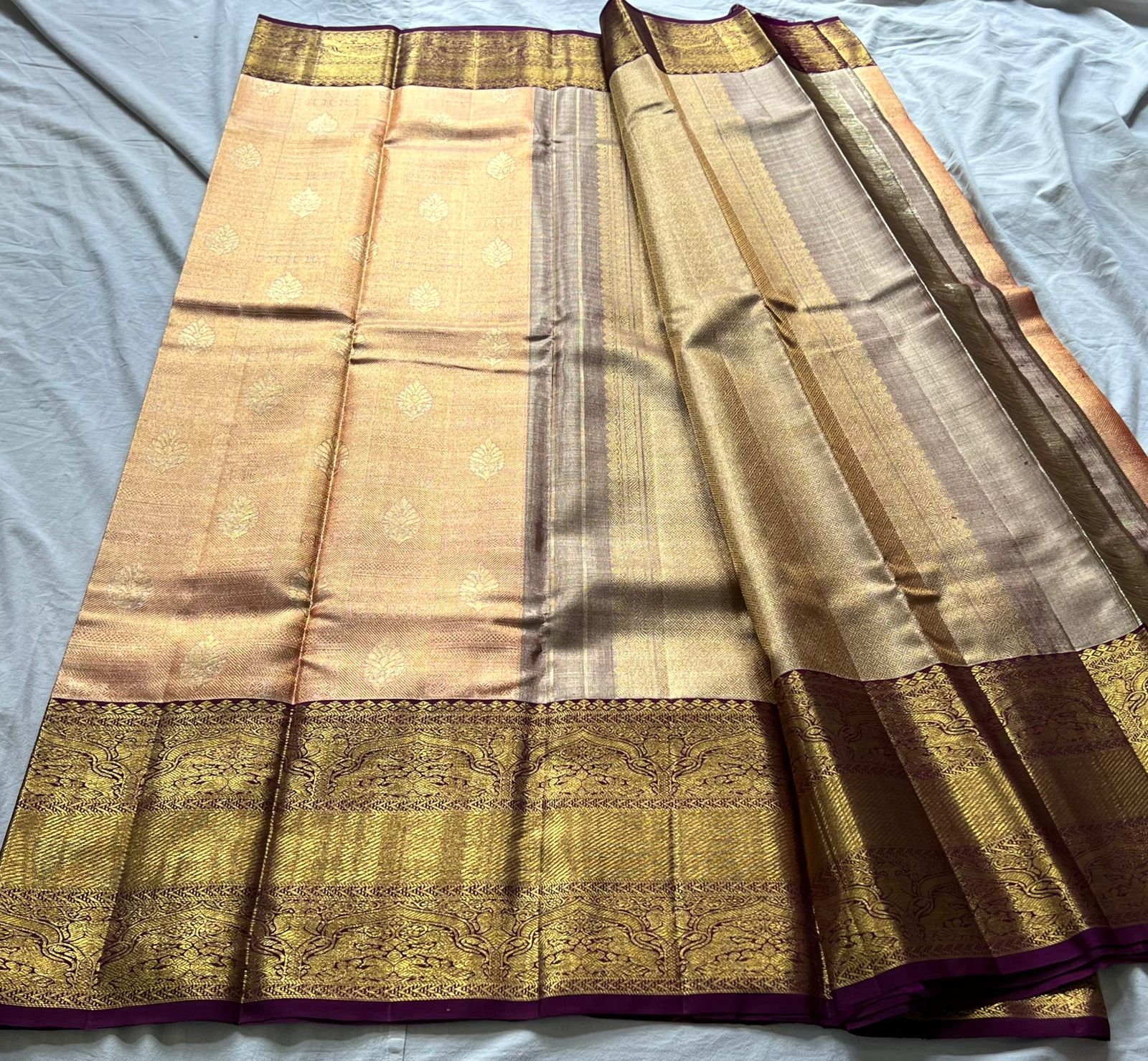 PEACH/MAROON  COLOUR COMBITION PURE KANCHI SILK SAREE