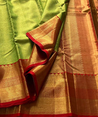 PARROT GREEN/RED COLOUR COMBITION PURE KANCHI SILK SAREE