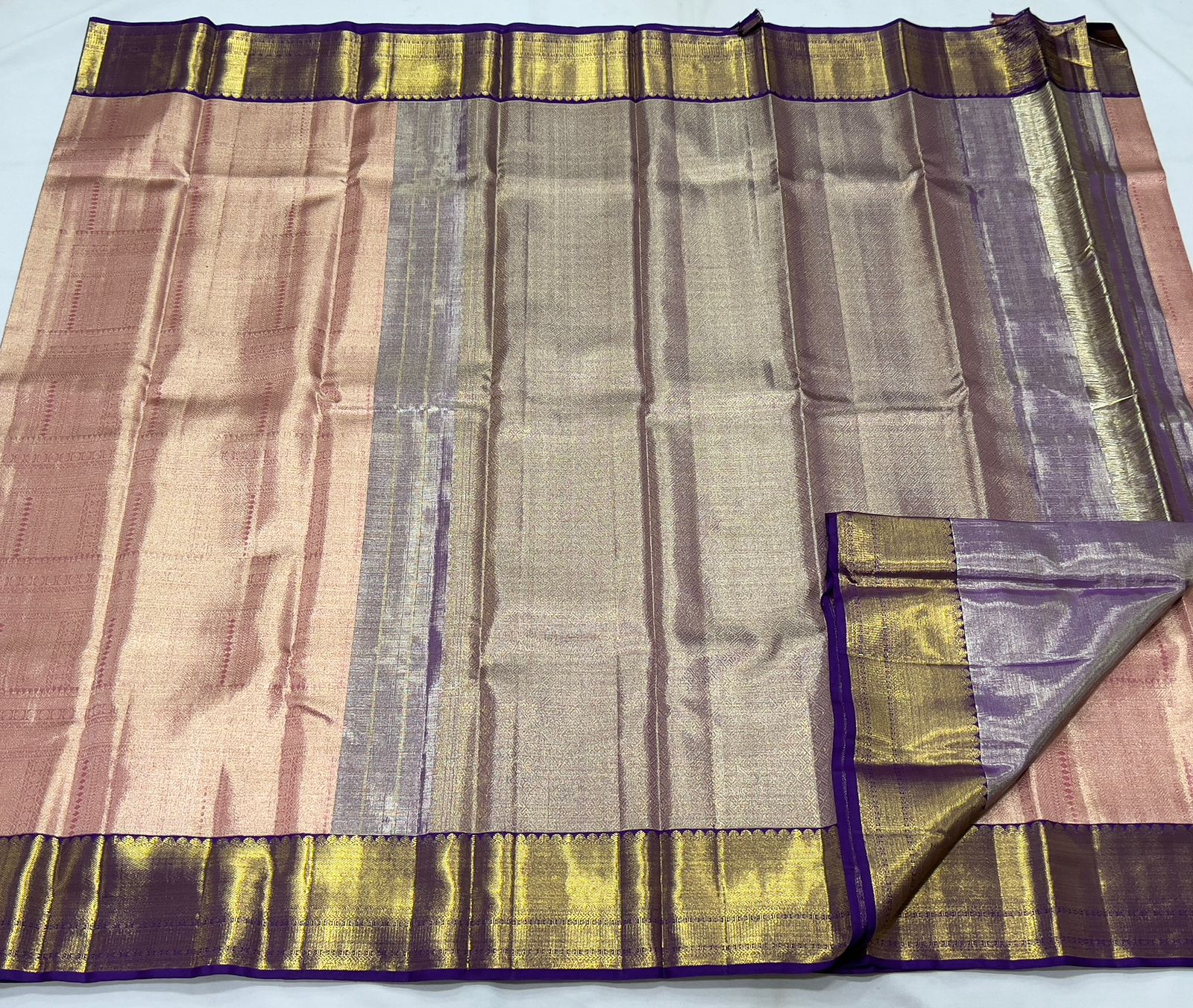 PEACH/VOILET   COLOUR COMBITION PURE KANCHI SILK SAREE