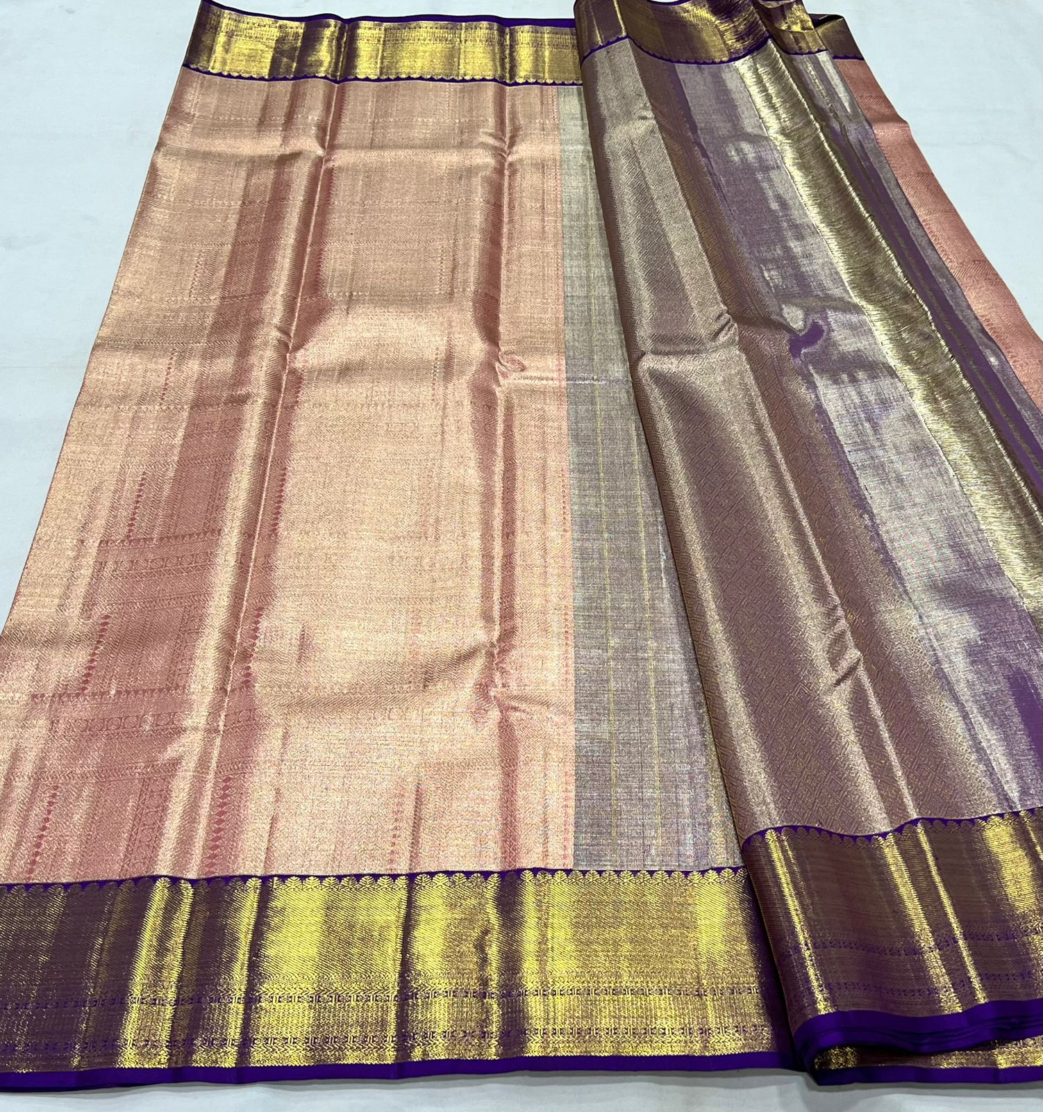 PEACH/VOILET   COLOUR COMBITION PURE KANCHI SILK SAREE