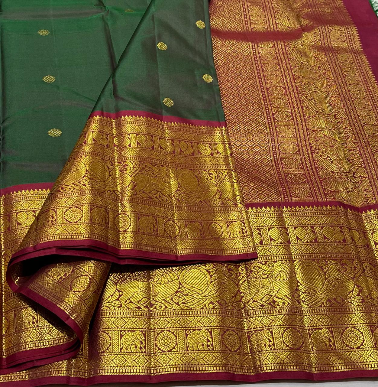 BOTTLE GREEN/MAROON   COLOUR COMBITION PURE KANCHI SILK SAREE