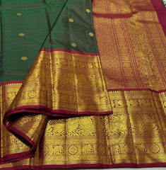 BOTTLE GREEN/MAROON   COLOUR COMBITION PURE KANCHI SILK SAREE