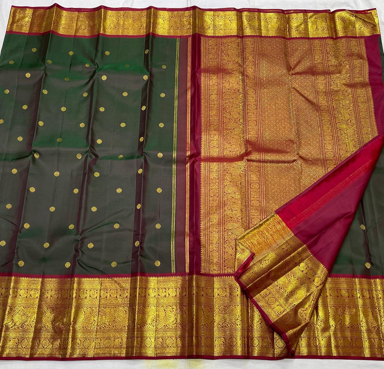 BOTTLE GREEN/MAROON   COLOUR COMBITION PURE KANCHI SILK SAREE