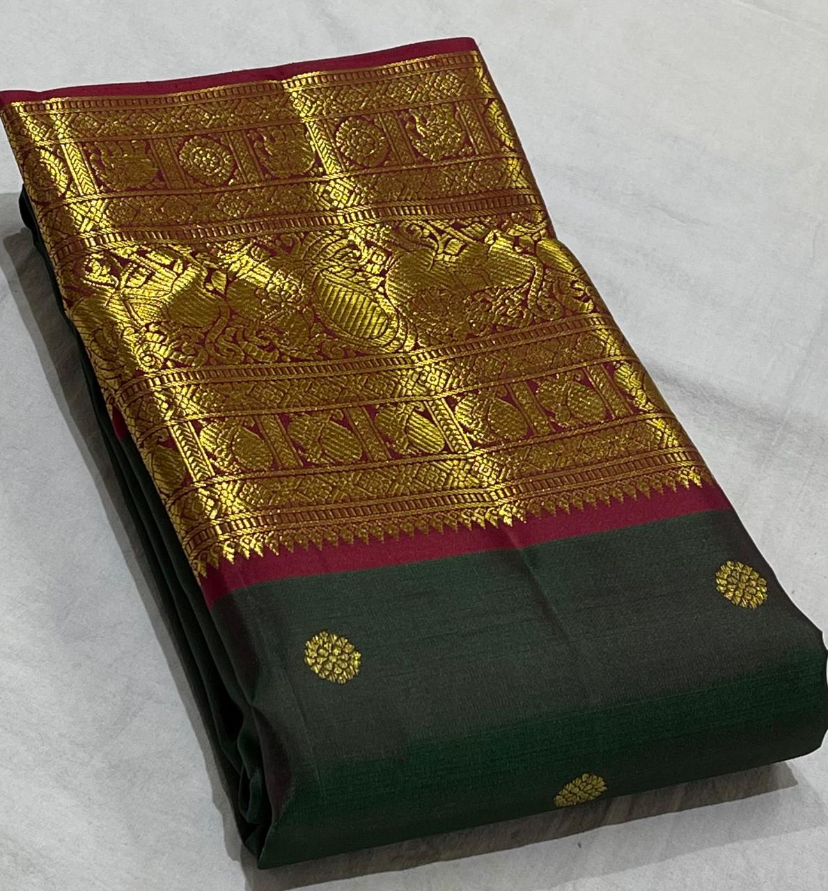 BOTTLE GREEN/MAROON   COLOUR COMBITION PURE KANCHI SILK SAREE