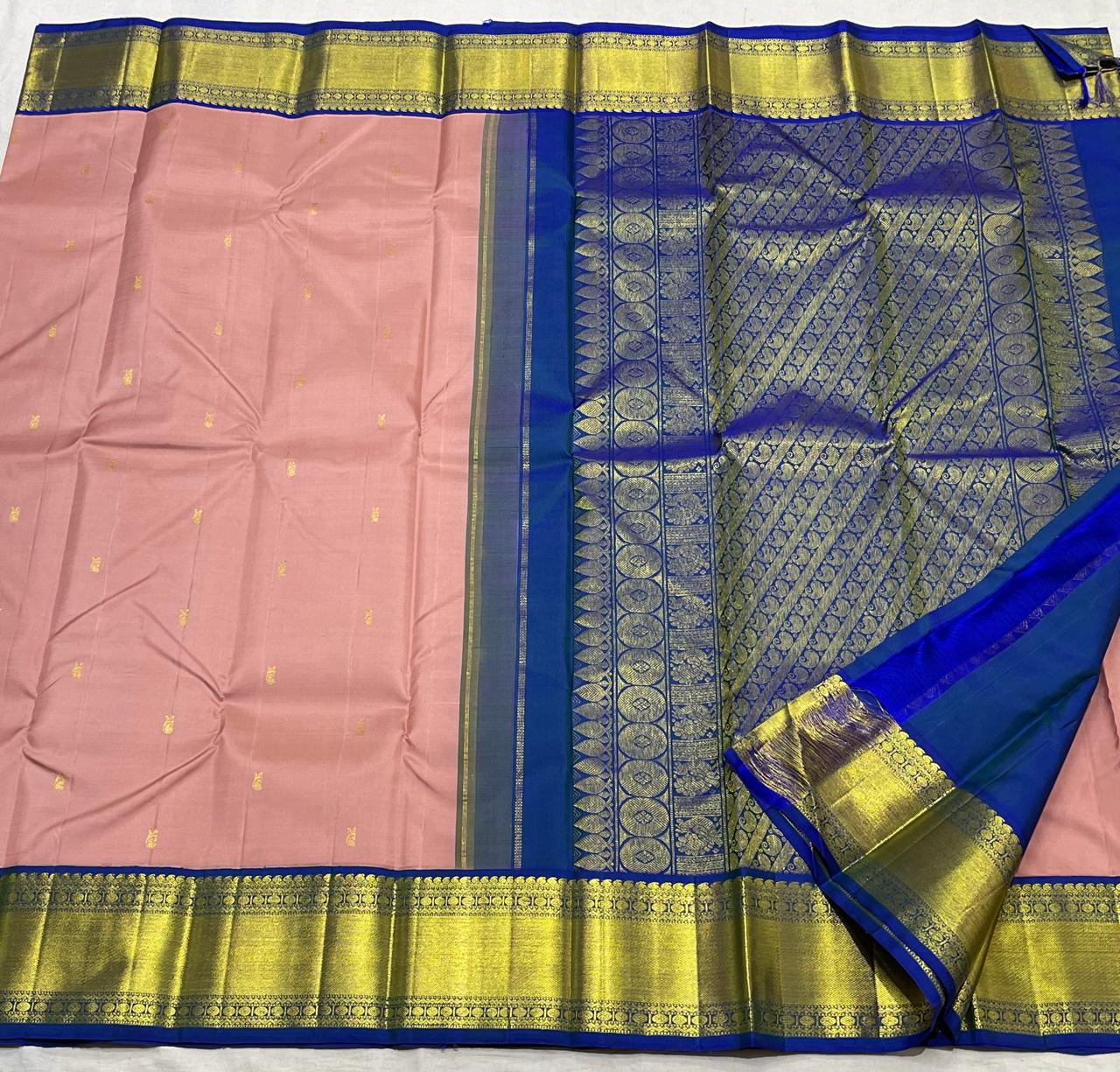 PEACH/ROYAL BLUE COMBITION PURE KANCHI SILK SAREE