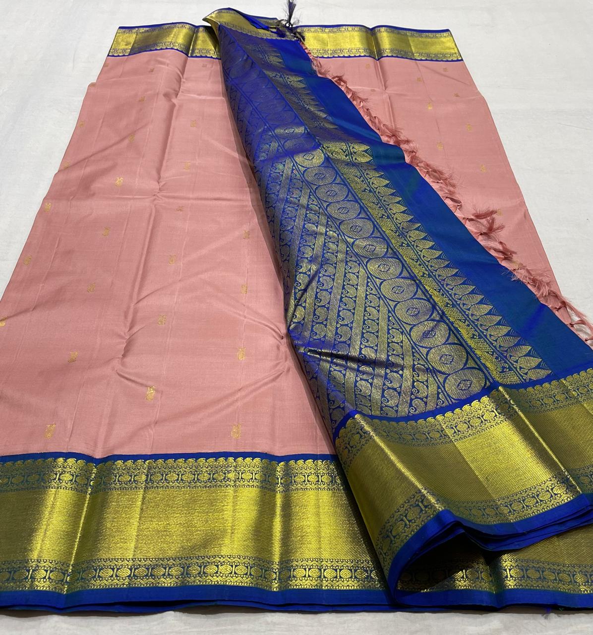 PEACH/ROYAL BLUE   COLOUR COMBITION PURE KANCHI SILK SAREE