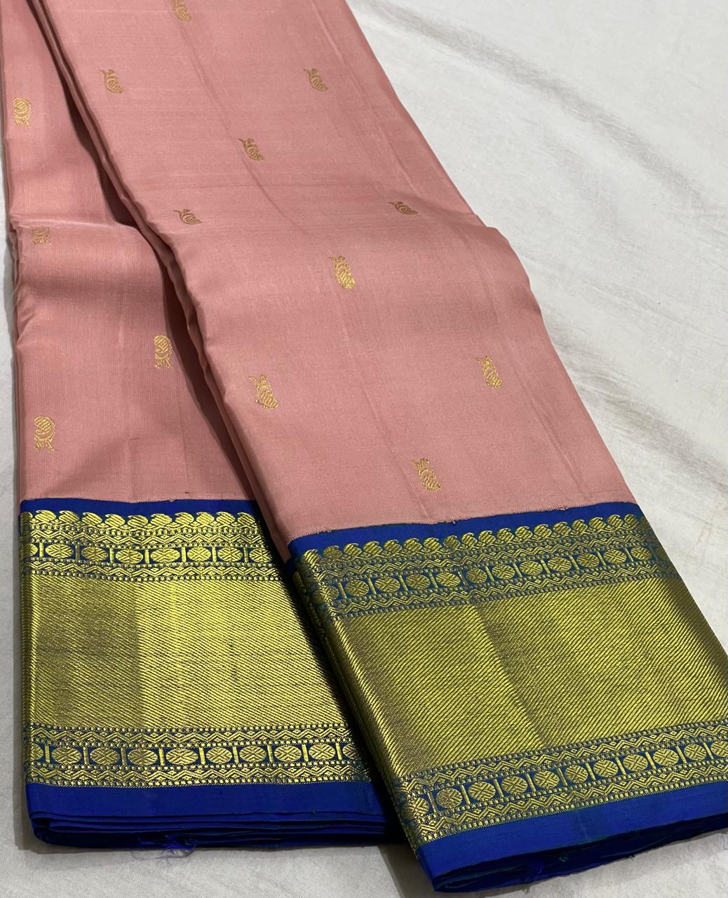 PEACH/ROYAL BLUE COMBITION PURE KANCHI SILK SAREE