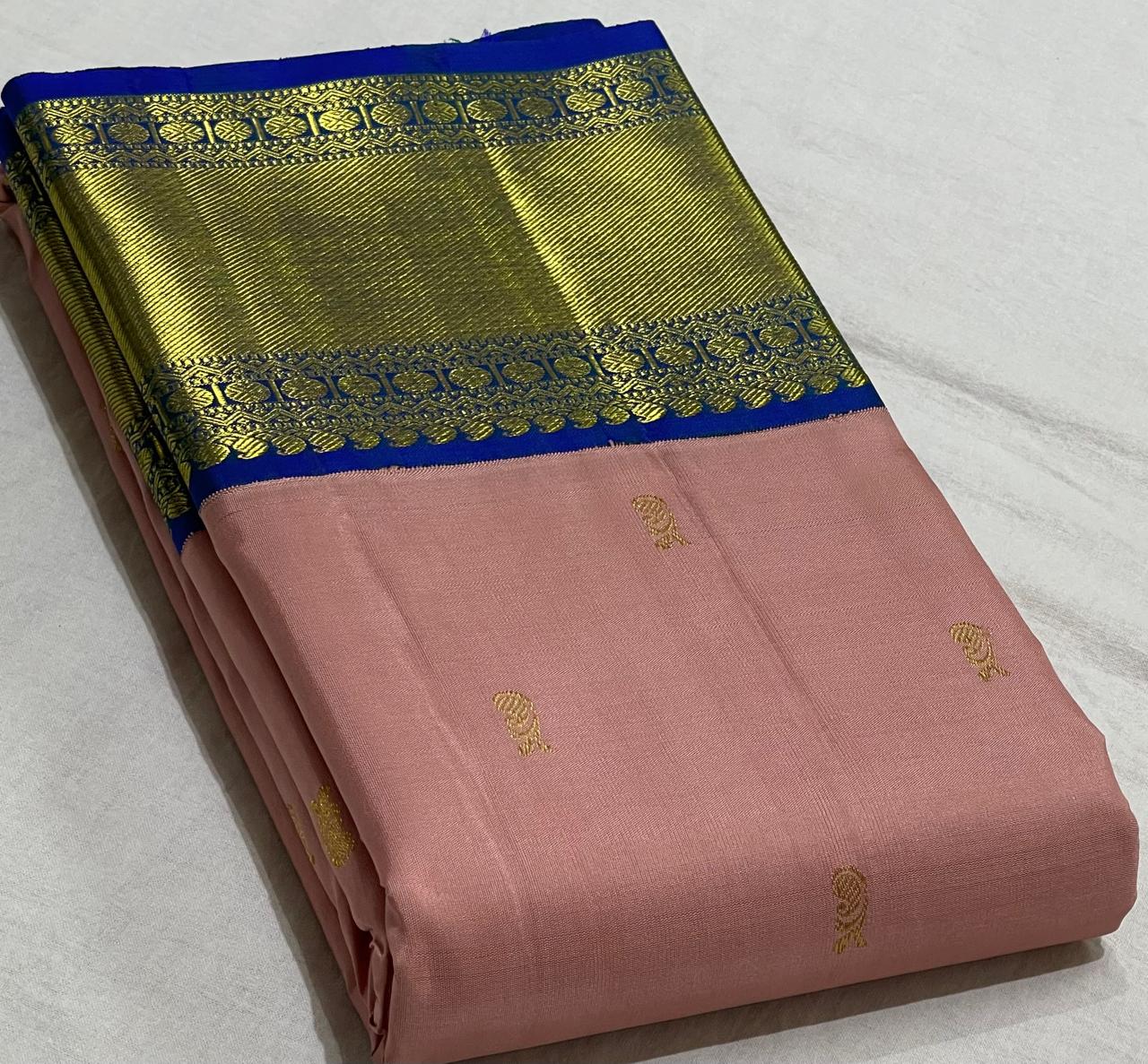 PEACH/ROYAL BLUE   COLOUR COMBITION PURE KANCHI SILK SAREE