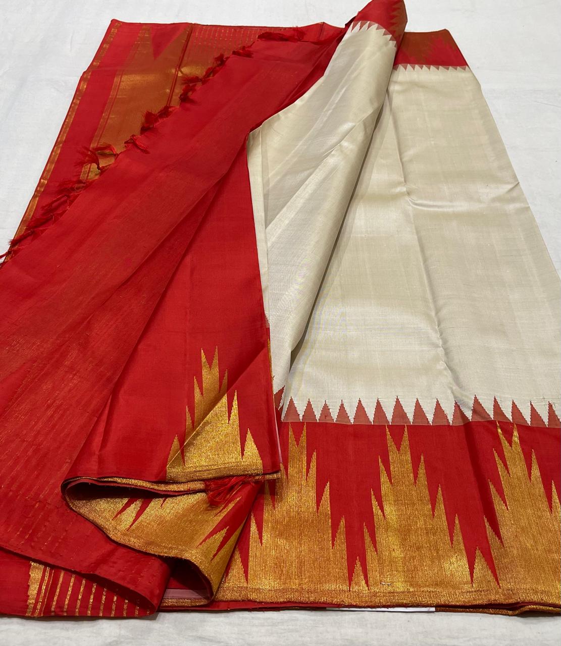 CREAM/RED COMBITION PURE KANCHI SILK SAREE