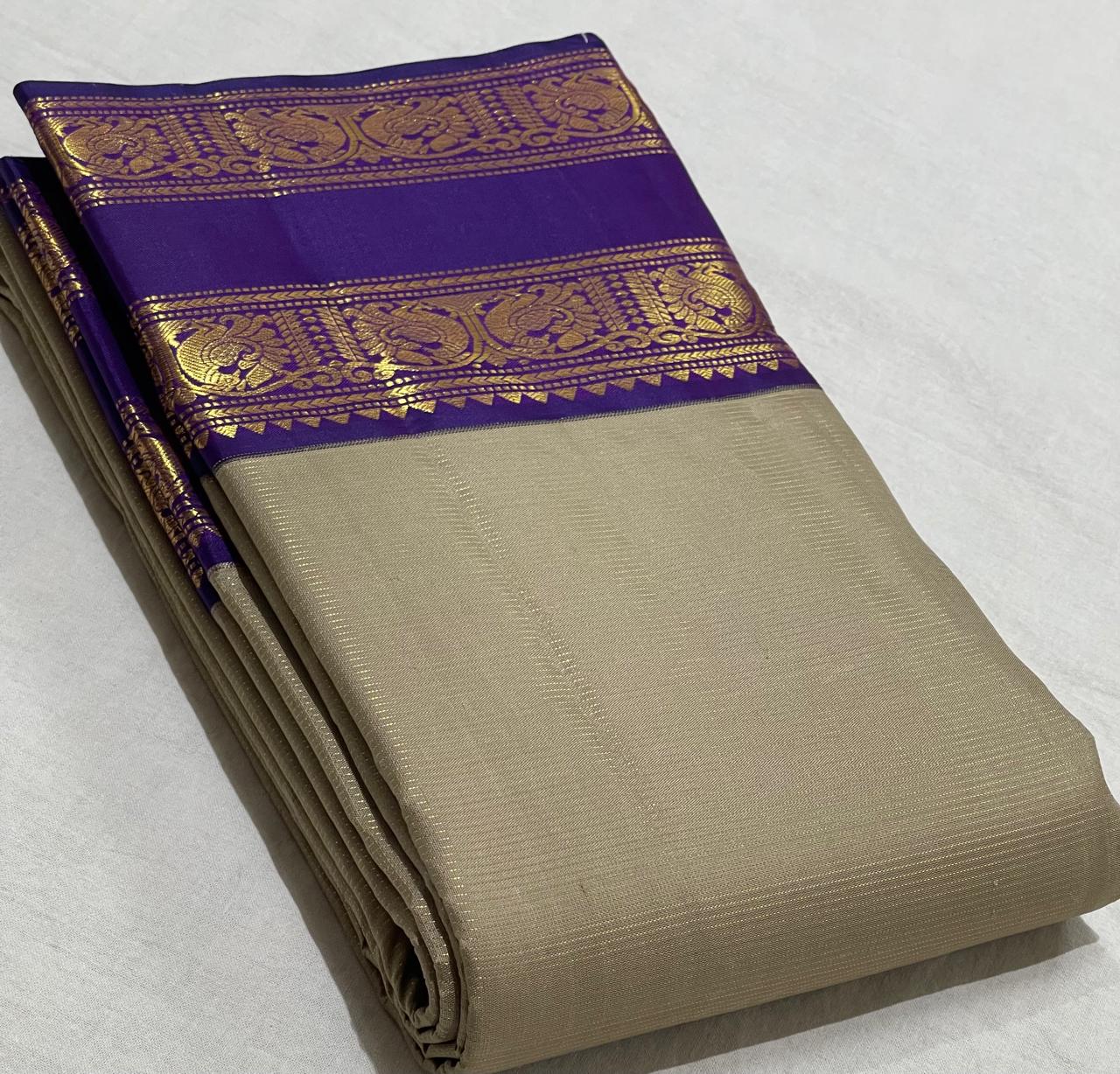 BISCUIT/VOILET  COMBITION PURE KANCHI SILK SAREE