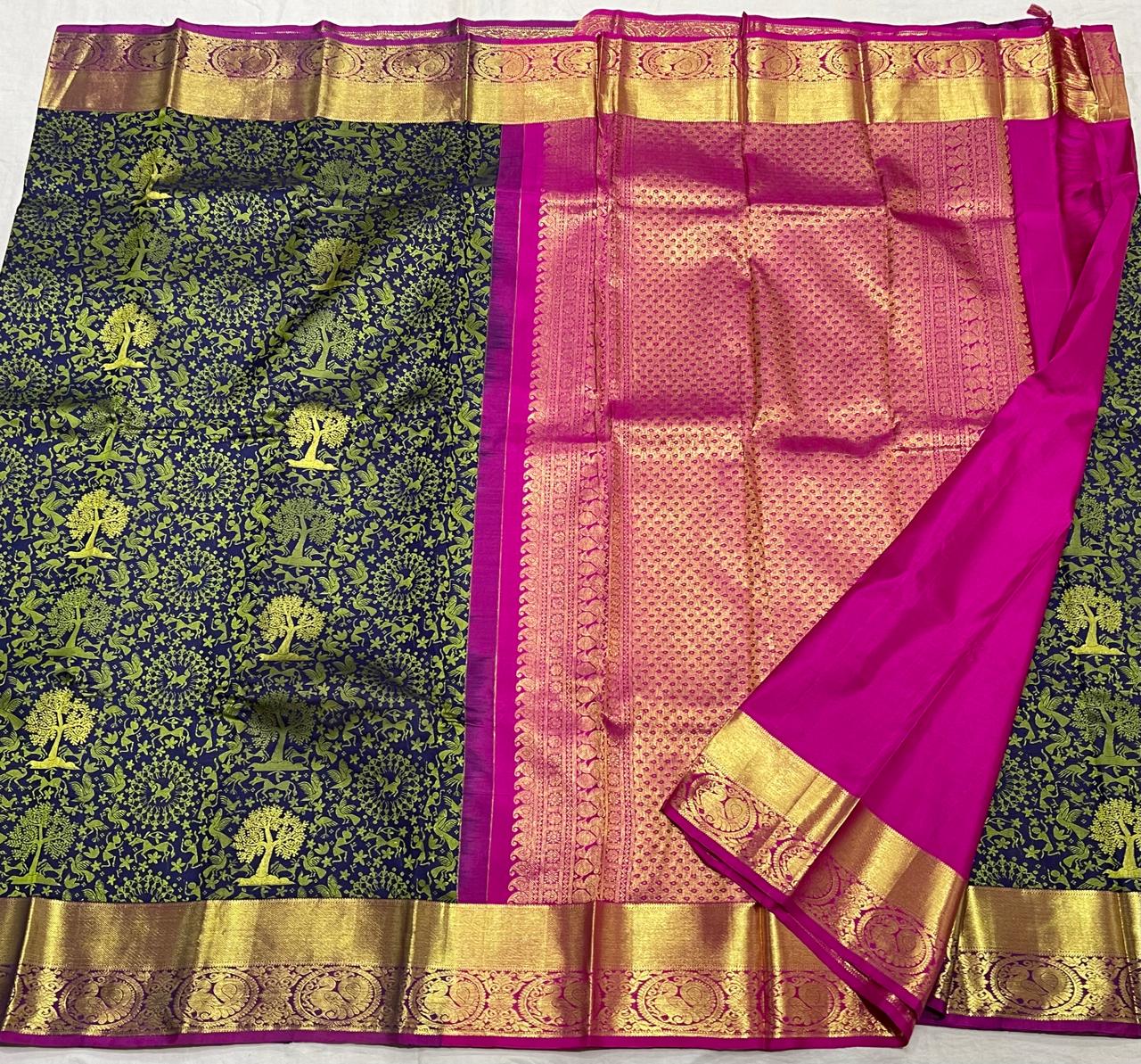 BLUE/PINK COMBITION PURE KANCHI SILK SAREE