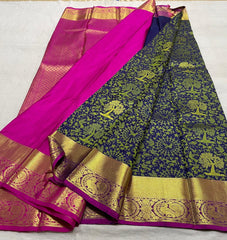 BLUE/PINK COMBITION PURE KANCHI SILK SAREE