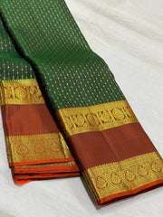 BOTTLE GREEN/ORANGE COMBITION PURE KANCHI SILK SAREE