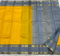 LEMON YELLOW/GREY COMBITION PURE KANCHI SILK SAREE