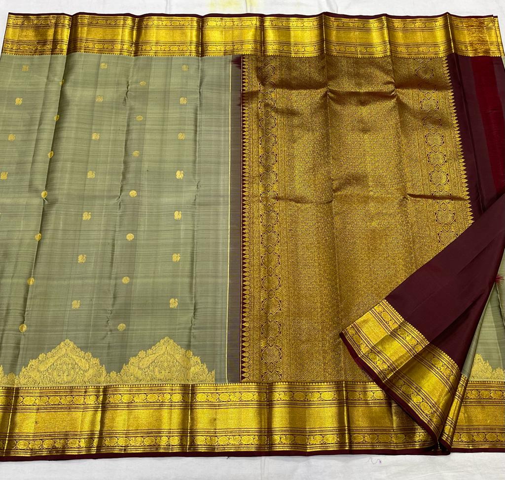 GREY/ MAROON COMBITION PURE KANCHI SILK SAREE