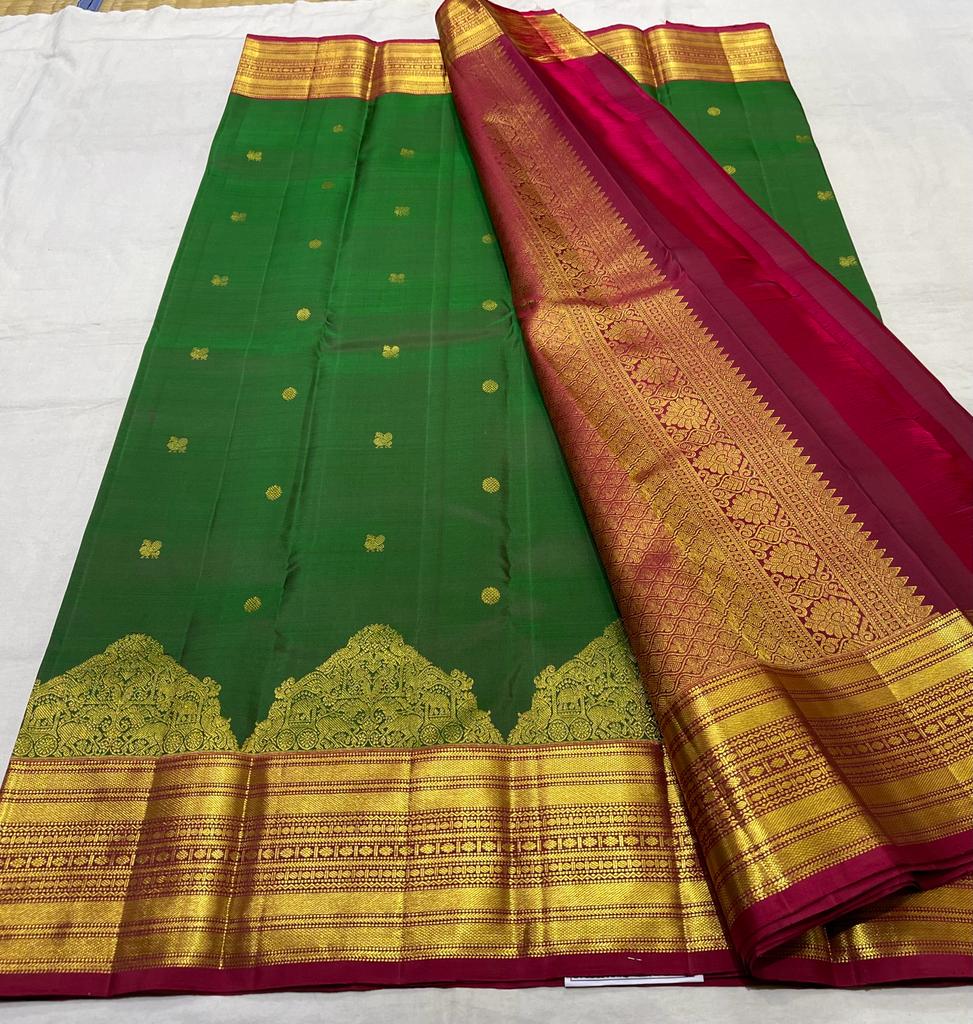 GREEN/ MAROON COMBITION PURE KANCHI SILK SAREE