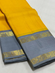 LEMON YELLOW/GREY COMBITION PURE KANCHI SILK SAREE