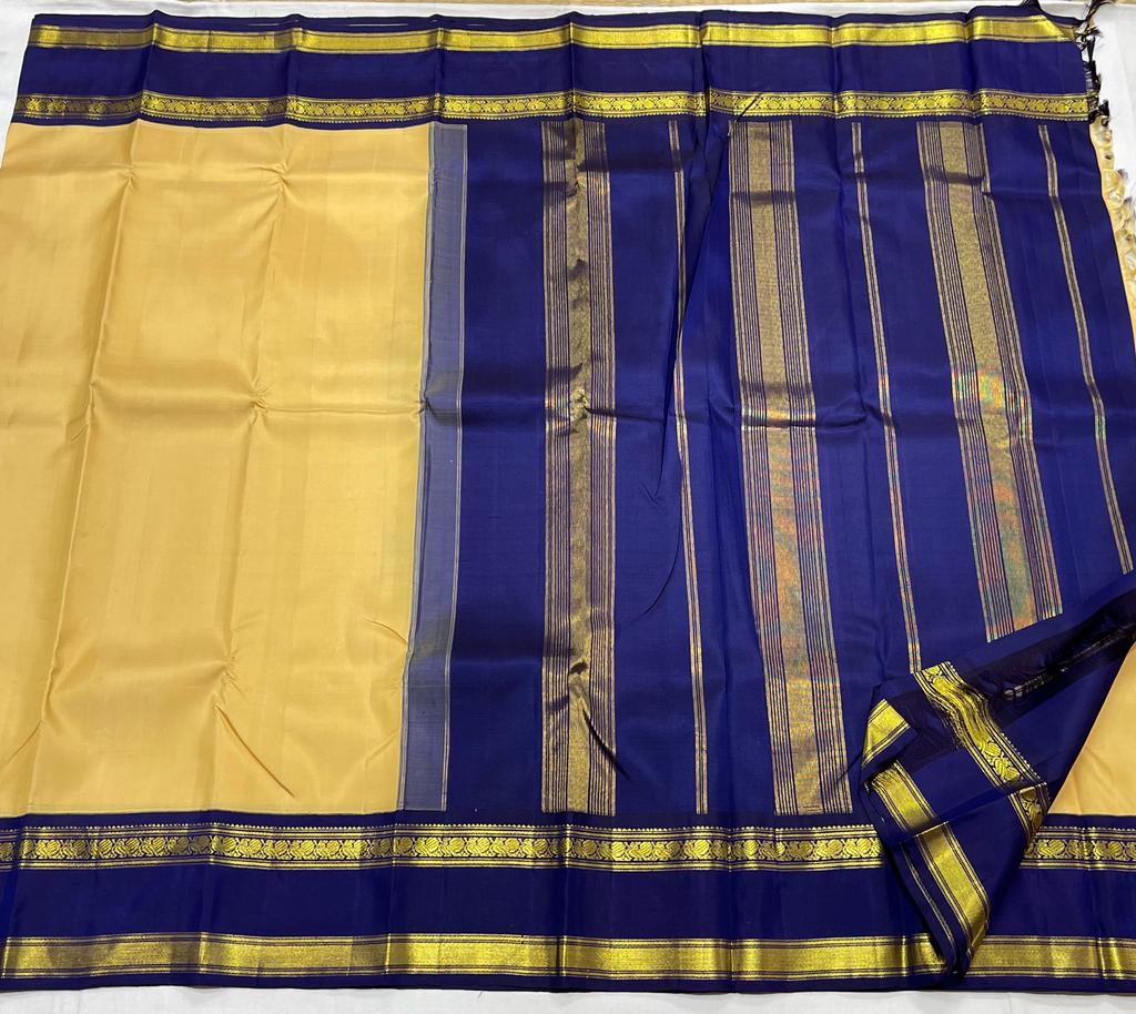 CREAM/NAVY BLUE COMBITION PURE KANCHI SILK SAREE