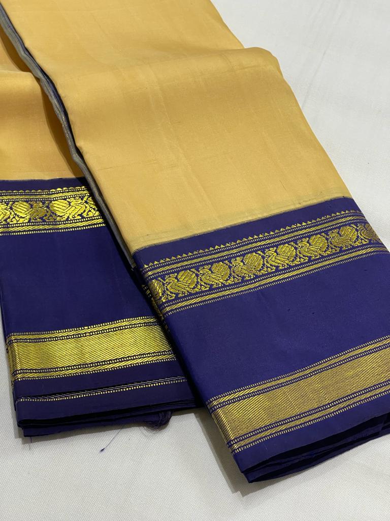 CREAM/NAVY BLUE COMBITION PURE KANCHI SILK SAREE