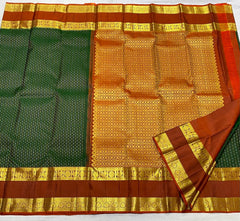 BOTTLE GREEN/ORANGE COMBITION PURE KANCHI SILK SAREE