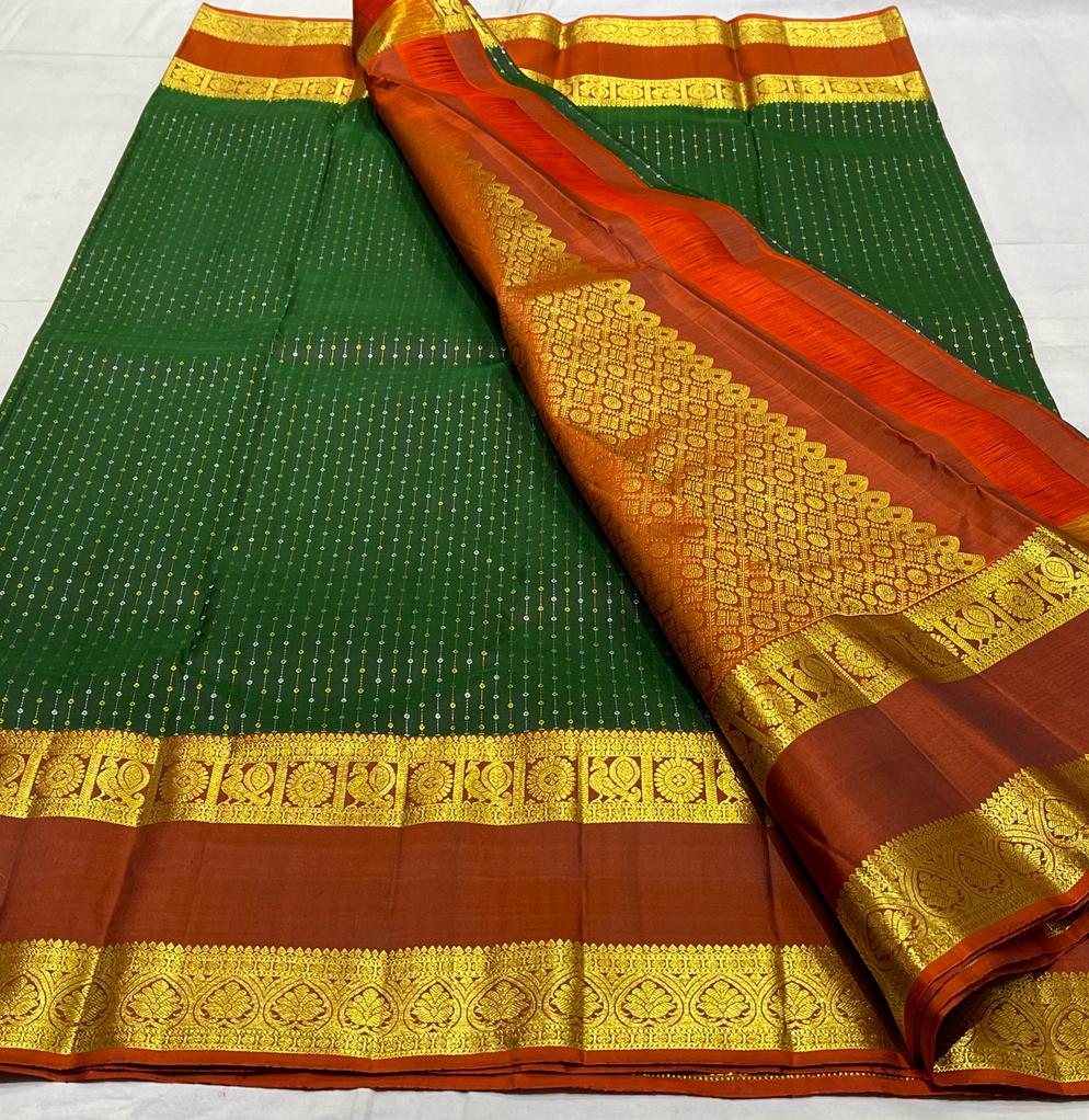 BOTTLE GREEN/ORANGE COMBITION PURE KANCHI SILK SAREE