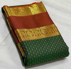 BOTTLE GREEN/ORANGE COMBITION PURE KANCHI SILK SAREE