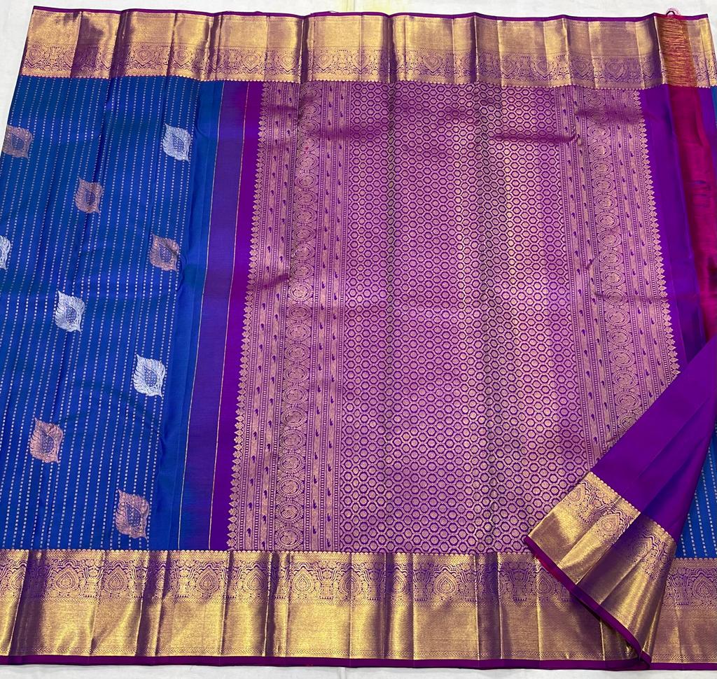 ROYAL BLUE/PURPLE COMBITION PURE KANCHI SILK SAREE