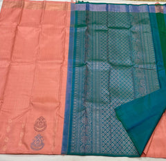 RAMA BLUE/LITE ORANGE COMBITION PURE KANCHI SILK SAREE