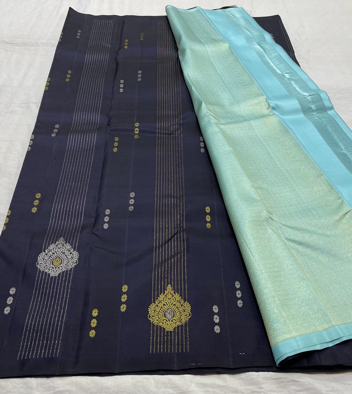 NAVY BLUE/SKY BLUE COMBITION PURE KANCHI SILK SAREE