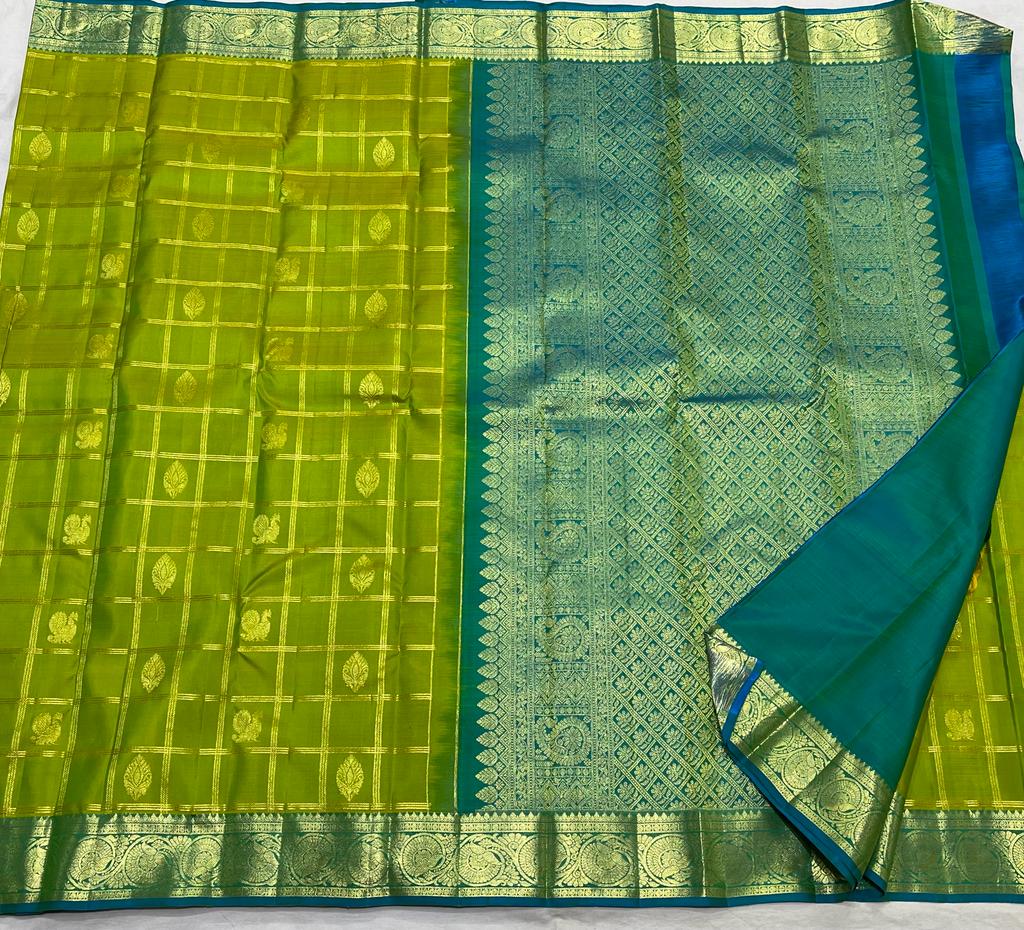 PARROT GREEN/RAMA BLUE   COMBITION PURE KANCHI SILK SAREE