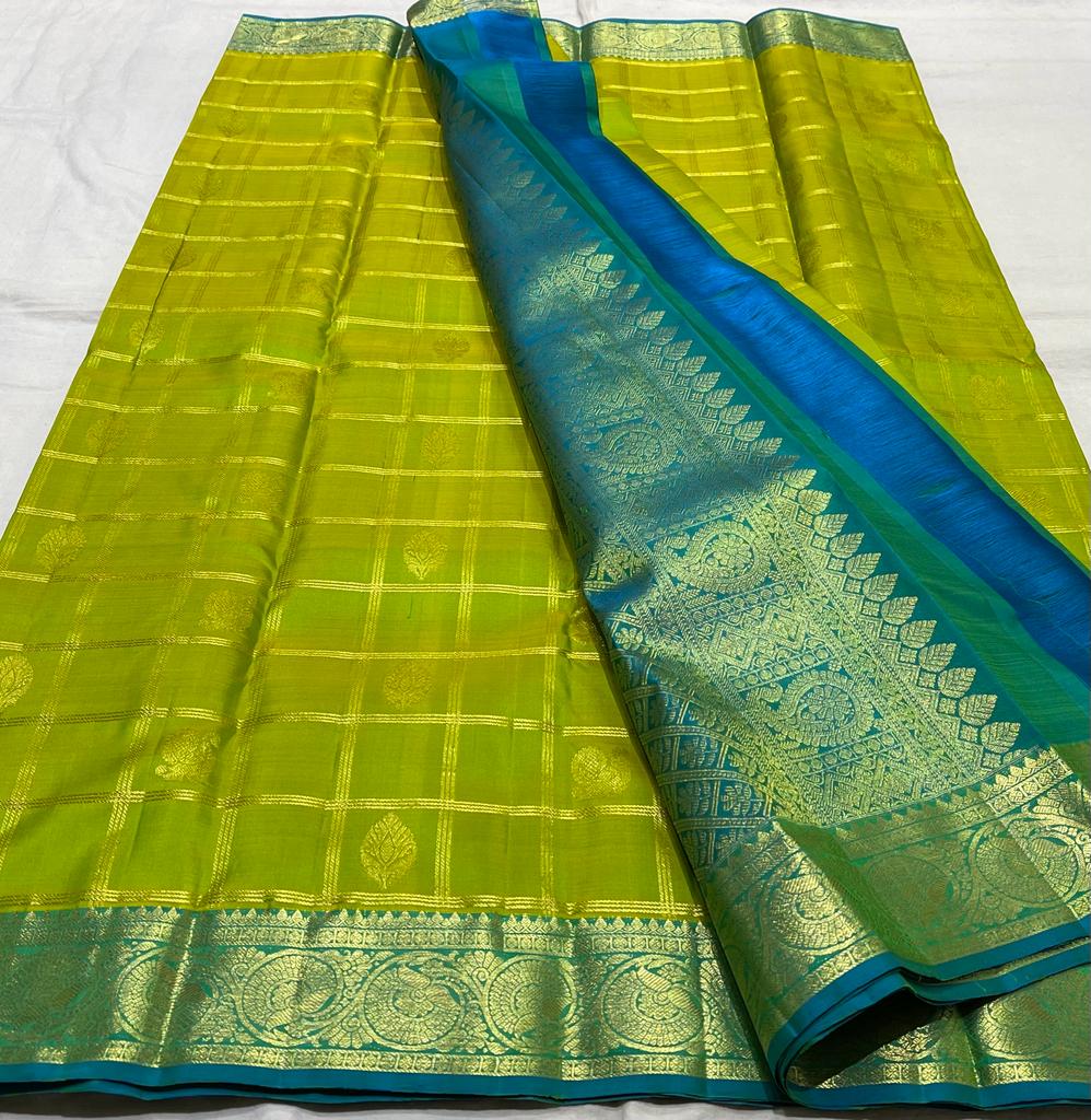 PARROT GREEN/RAMA BLUE   COMBITION PURE KANCHI SILK SAREE