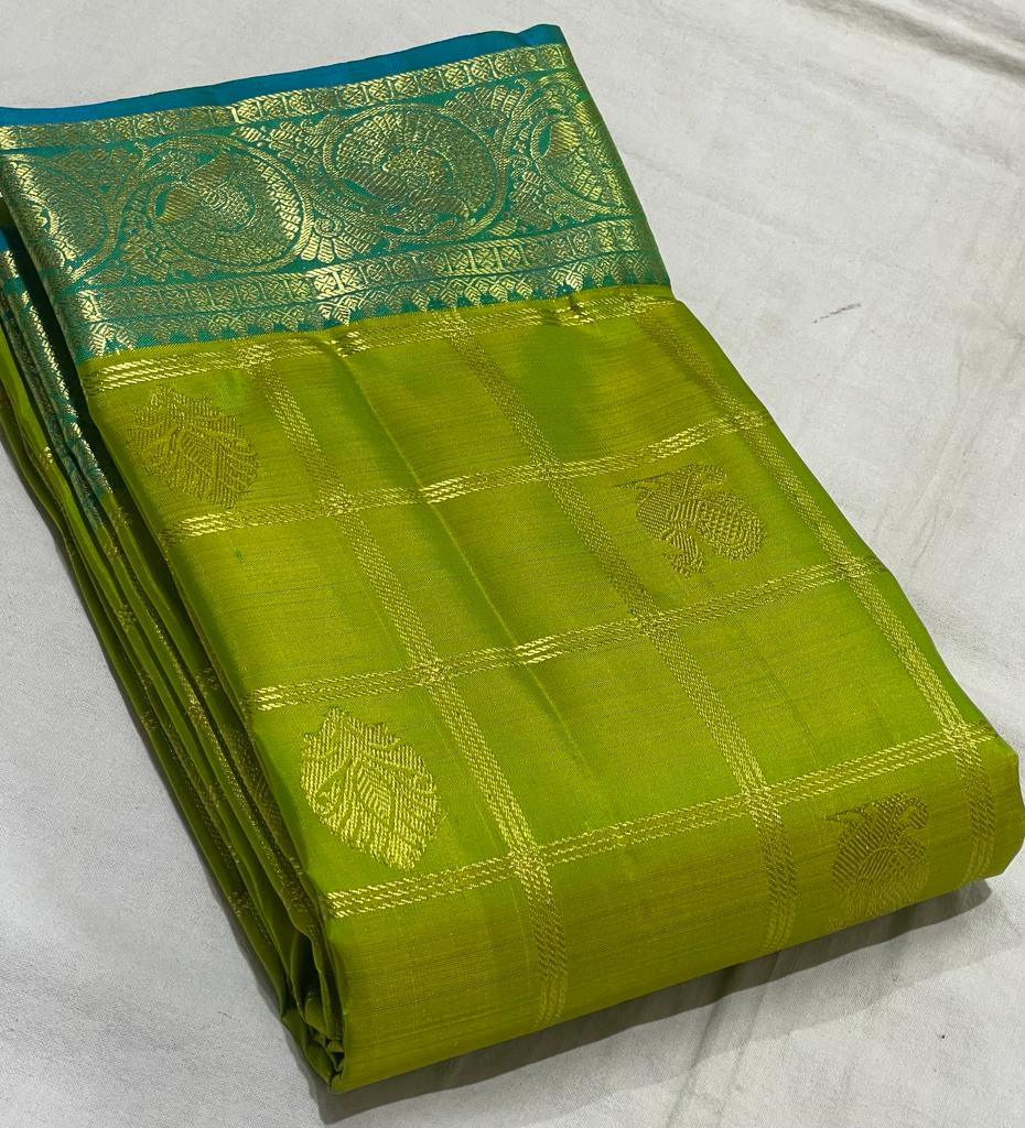 PARROT GREEN/RAMA BLUE   COMBITION PURE KANCHI SILK SAREE