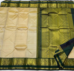 CREAM/BOTTLE GREEN  COMBITION PURE KANCHI SILK SAREE