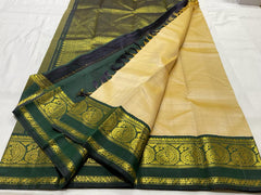 CREAM/BOTTLE GREEN  COMBITION PURE KANCHI SILK SAREE