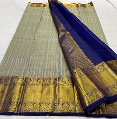 GREY/ROYAL BLUE  COMBITION PURE KANCHI SILK SAREE