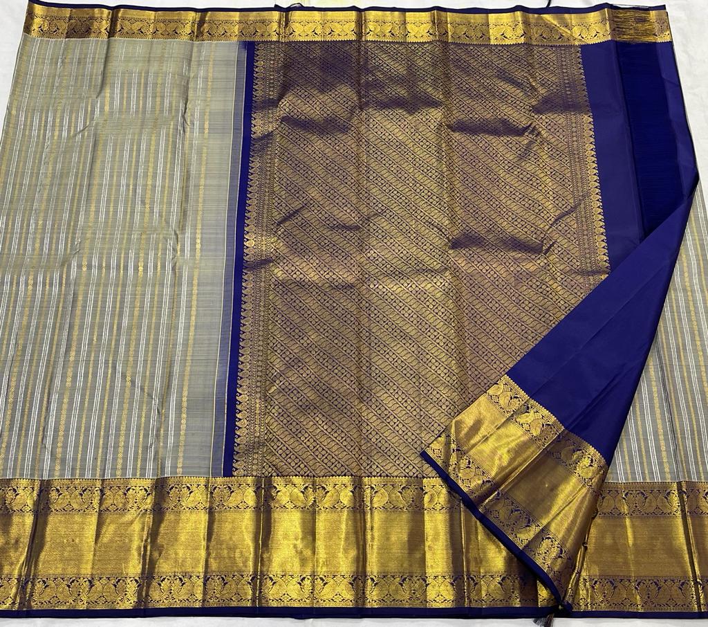 GREY/ROYAL BLUE  COMBITION PURE KANCHI SILK SAREE