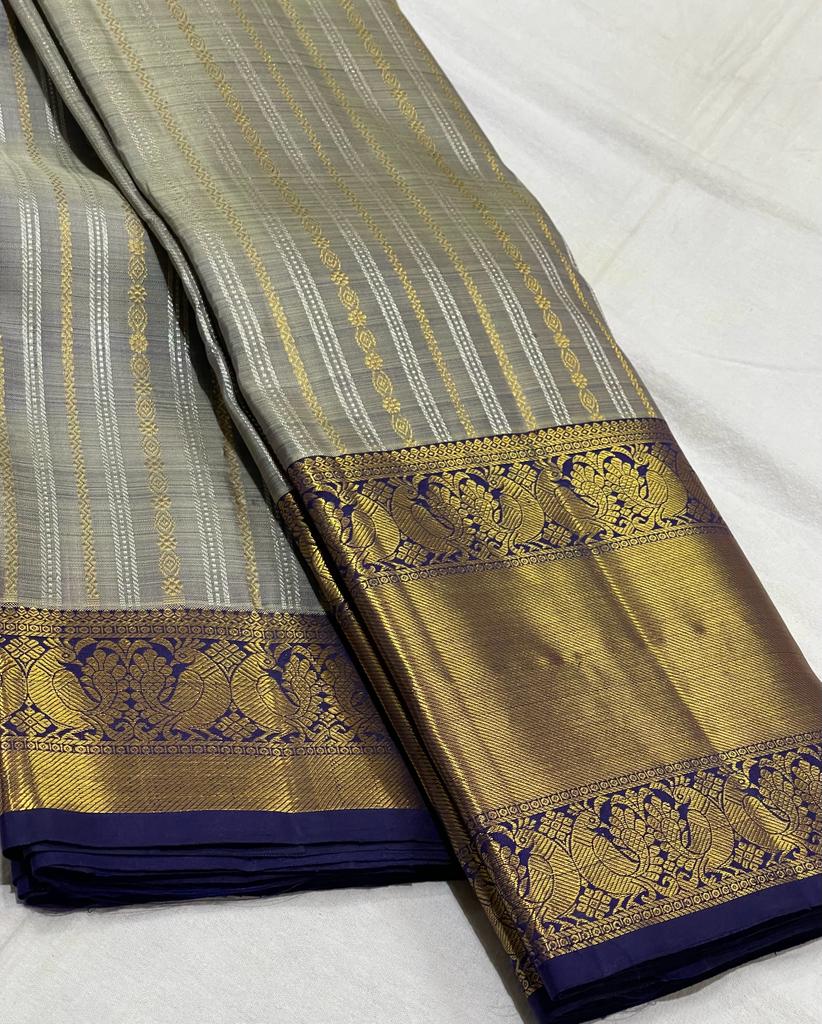 GREY/ROYAL BLUE  COMBITION PURE KANCHI SILK SAREE