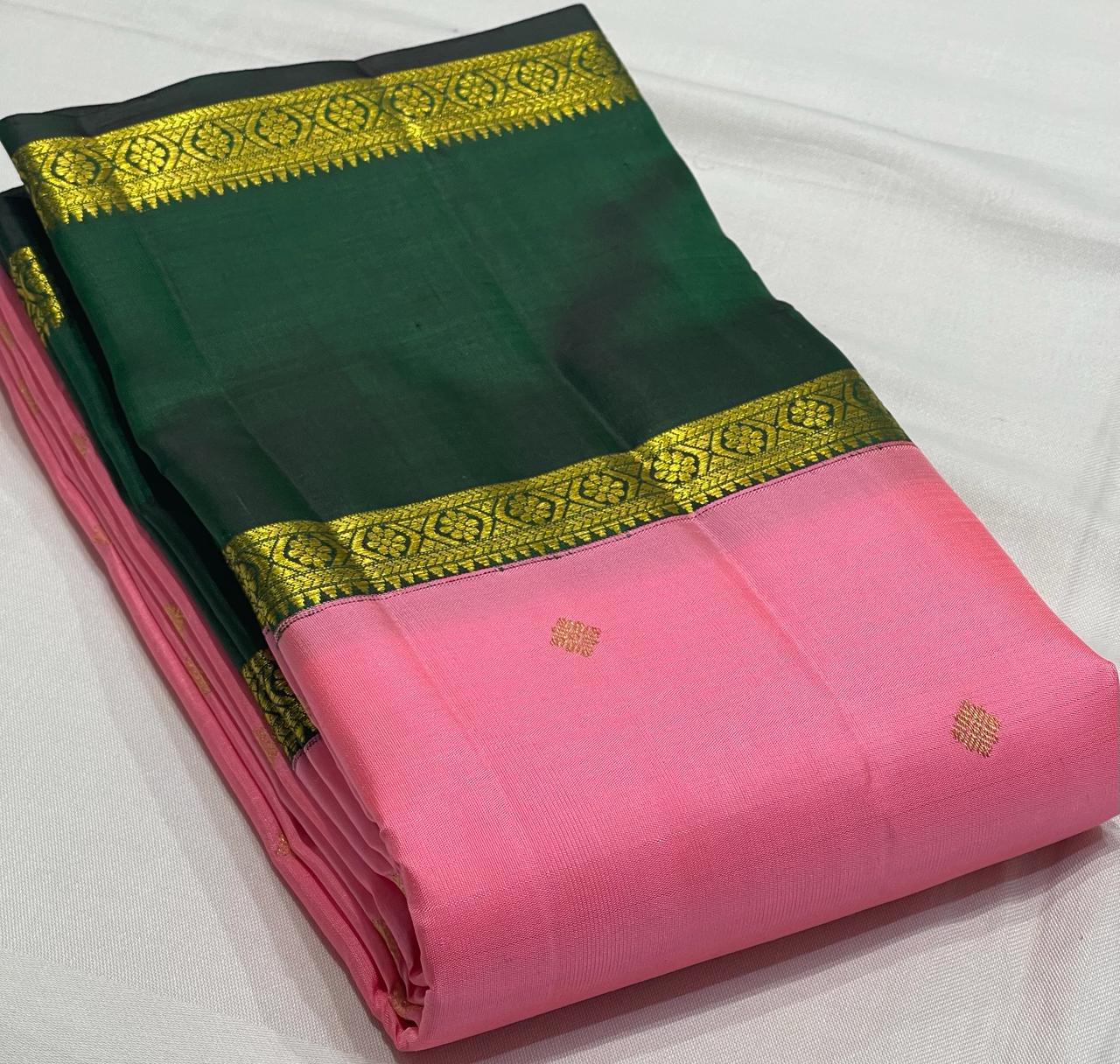 PINK/BOTTLE GREEN COMBITION PURE KANCHI SILK SAREE