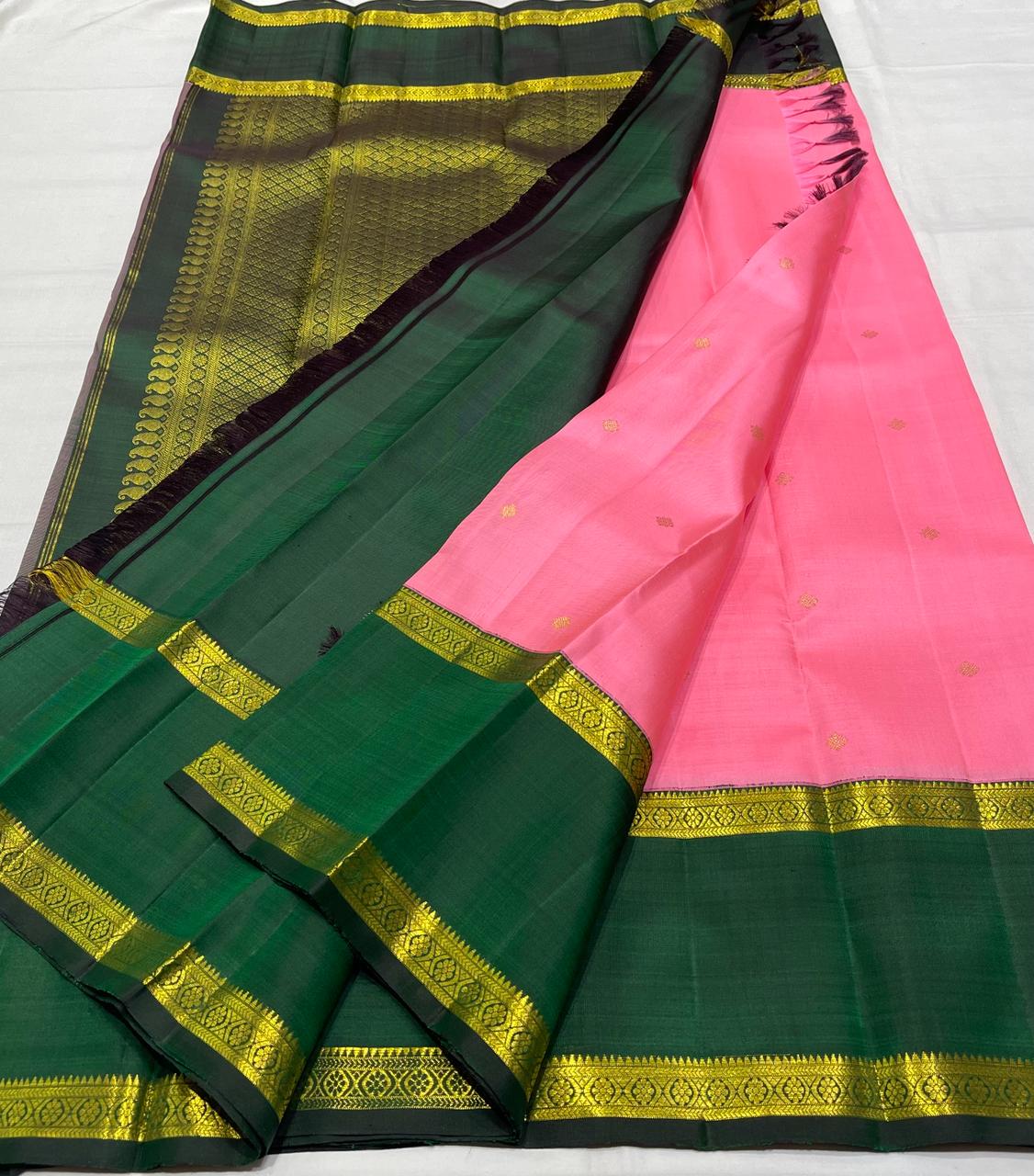 PINK/BOTTLE GREEN COMBITION PURE KANCHI SILK SAREE