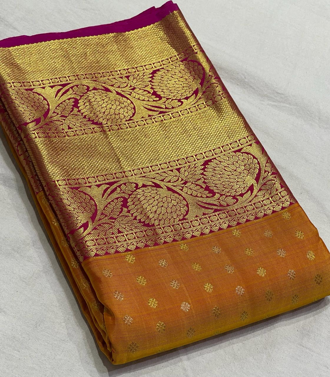 MUSTARD YELLOW/PINK COMBITION PURE KANCHI SILK SAREE