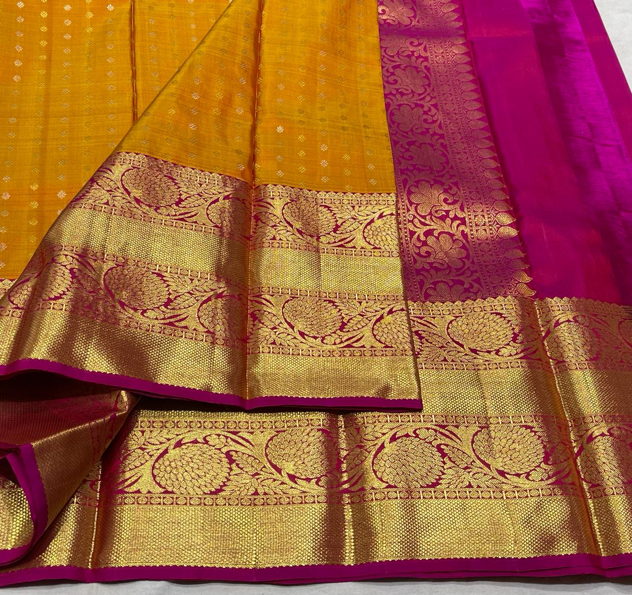 MUSTARD YELLOW/PINK COMBITION PURE KANCHI SILK SAREE