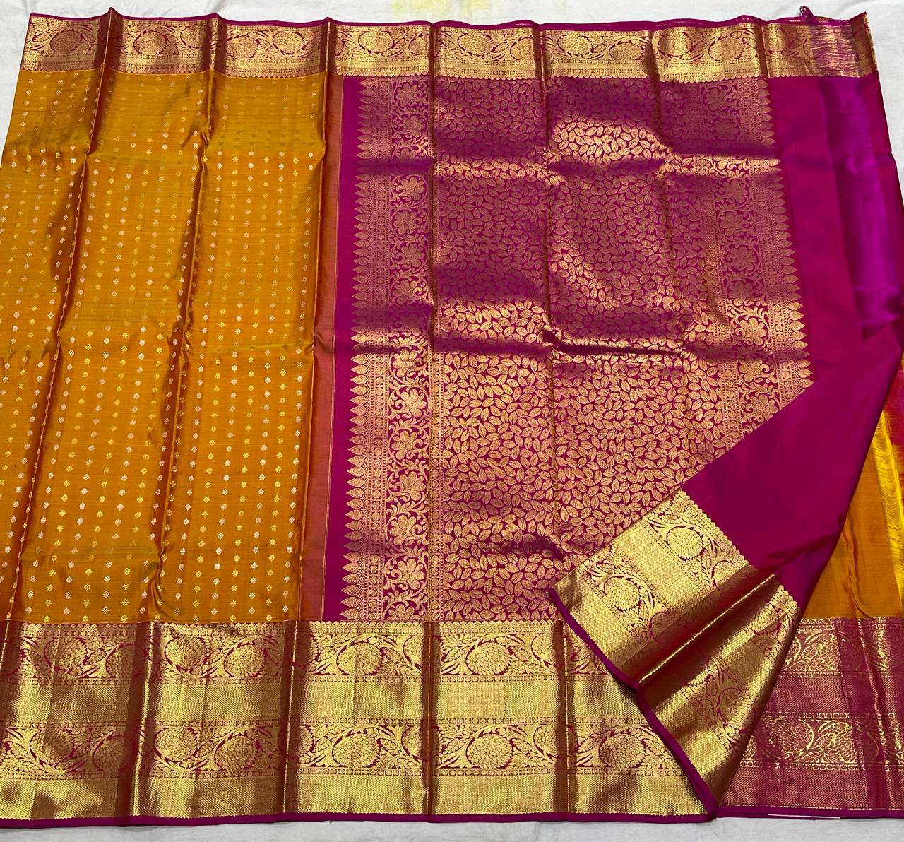 MUSTARD YELLOW/PINK COMBITION PURE KANCHI SILK SAREE