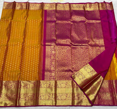 MUSTARD YELLOW/PINK COMBITION PURE KANCHI SILK SAREE