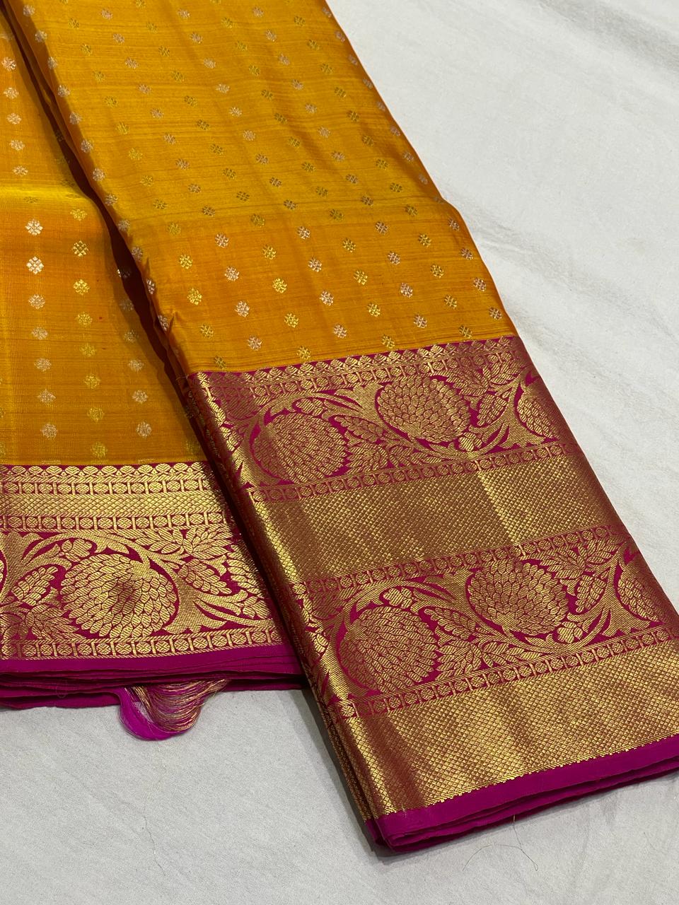 MUSTARD YELLOW/PINK COMBITION PURE KANCHI SILK SAREE